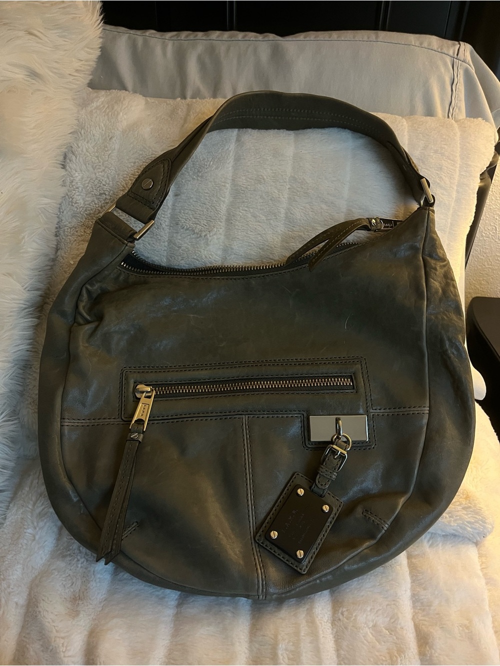 L.A.M.B. Black Leather Hobo Shoulder Bag with Front Zip Pocket